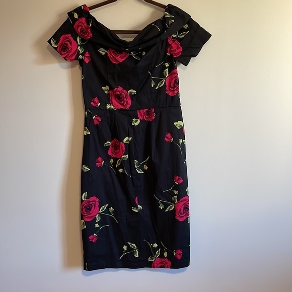 Romantic Pin Up Pencil Dress Med Black Cocktail Rose Fit Mid Belle Pogue Alt - Picture 7 of 15